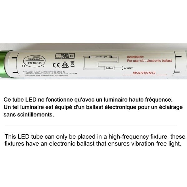 Tube LED T8 Haute Fréquence TRUE-LIGHT 9W - 59cm - lumière du jour